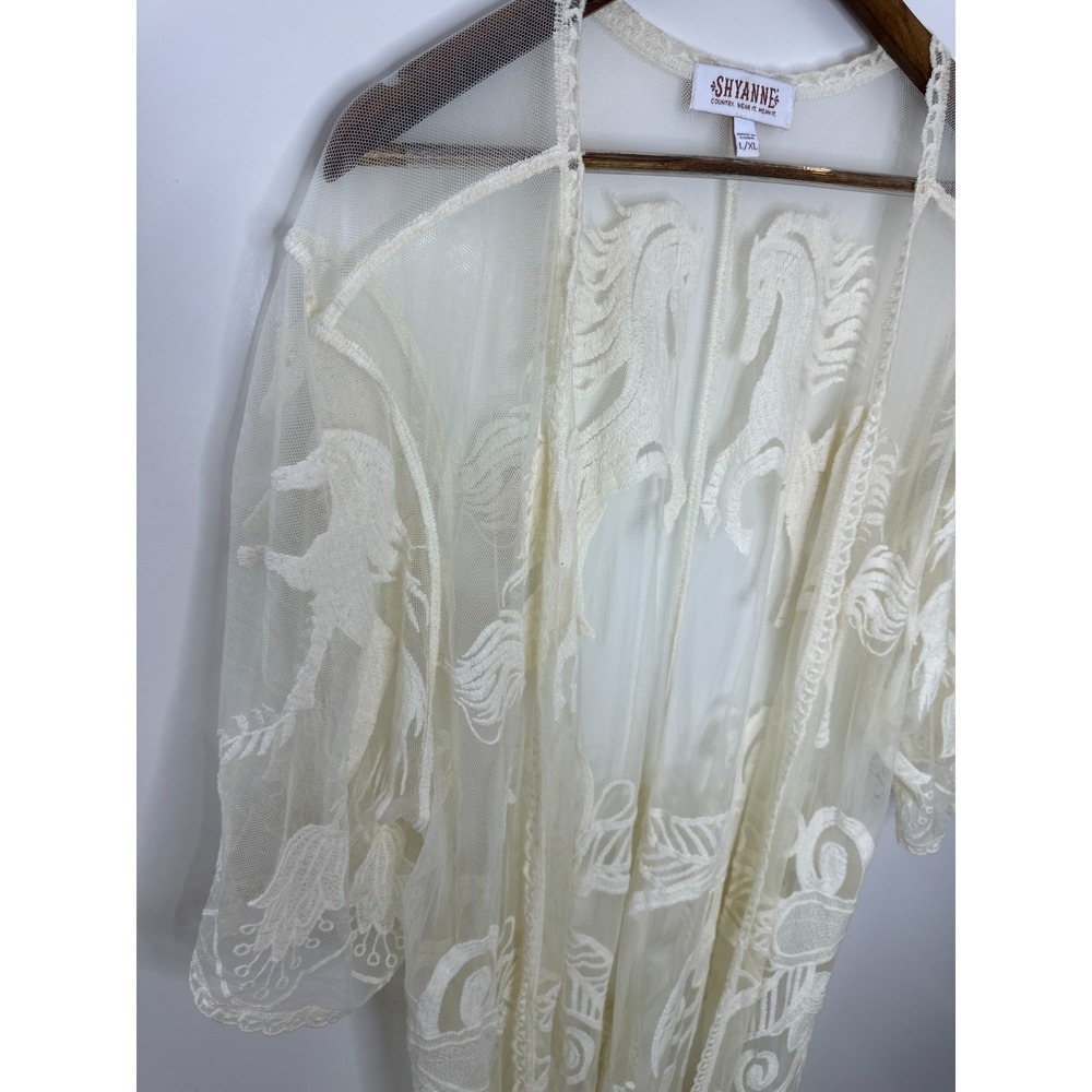 Shyanne Sheer Embroidered Horse Theme Lace Kimono Tassel Fringe Duster L/XL - Picture 7 of 14